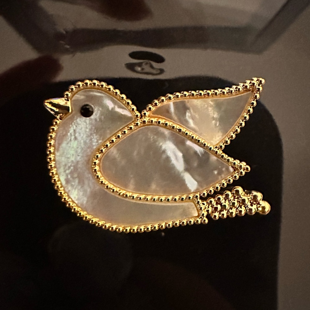 Plated Gold and Mother of Pearl Bird Brooch